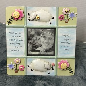 Dayspring 3 Dimensional Painted Metal Photo Frame Psalm 23 Flowers Sheep 8" X 8"